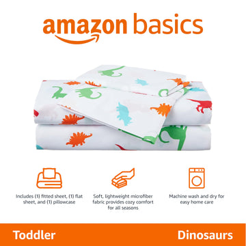 Amazon Basics Kid'S Soft Easy-Wash Lightweight Microfiber 3-Piece Sheet Set, Toddler, Multi Color, Dinosaurs