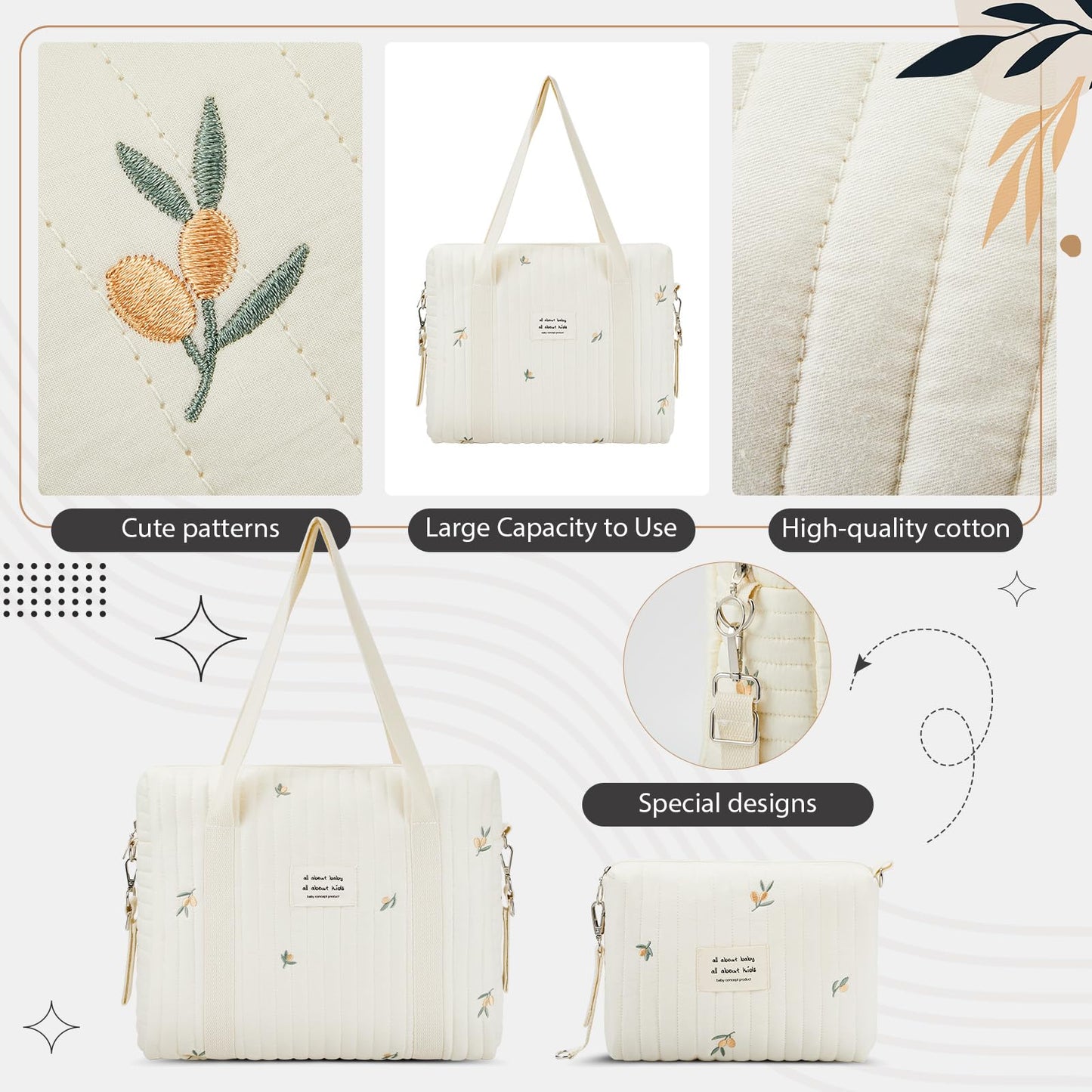 Paterr 2 Pcs Diaper Bag Tote For Women Multifunction Multisize Maternity Bag Quilted Cotton Cute Diaper Bag(Olive Flower)