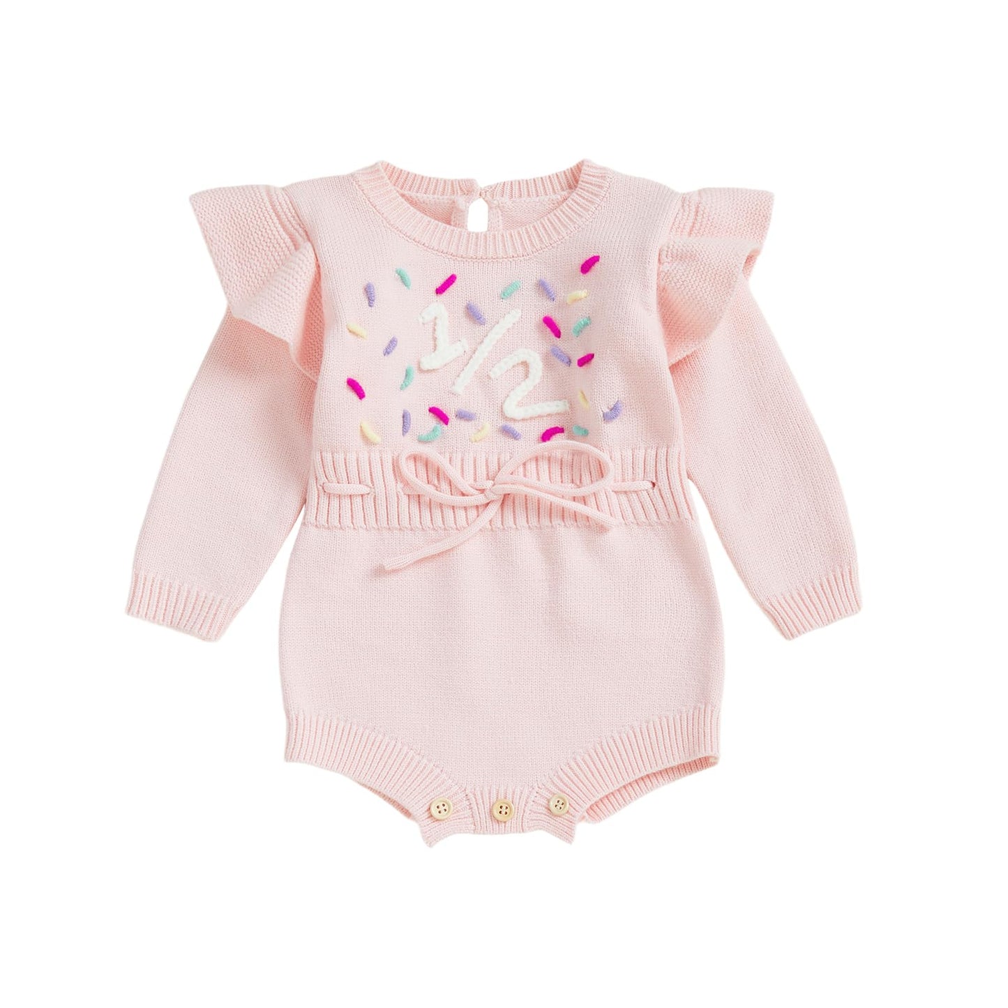 BULINGNA Baby Girl 1st 1/2 Birthday Outfit Long Sleeve Knit Letters Donut Embroidery Romper Sweater Fall Birthday Clothes (1/2,