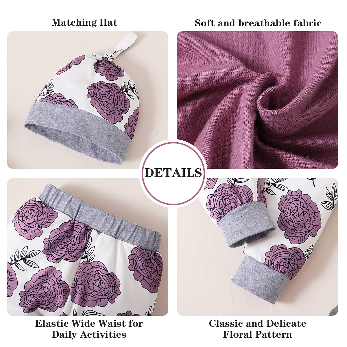 Renotemy Infant Clothes Baby Girl Stuff Long Sleeve Romper Pants Set 0-3 Months Purple