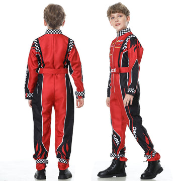 Treyrea Race Car Driver Costume Boys Racer Jumpsuit With Car Cap Kids Dress Up For Halloween (Red And Black, Xl(For Height 57'-
