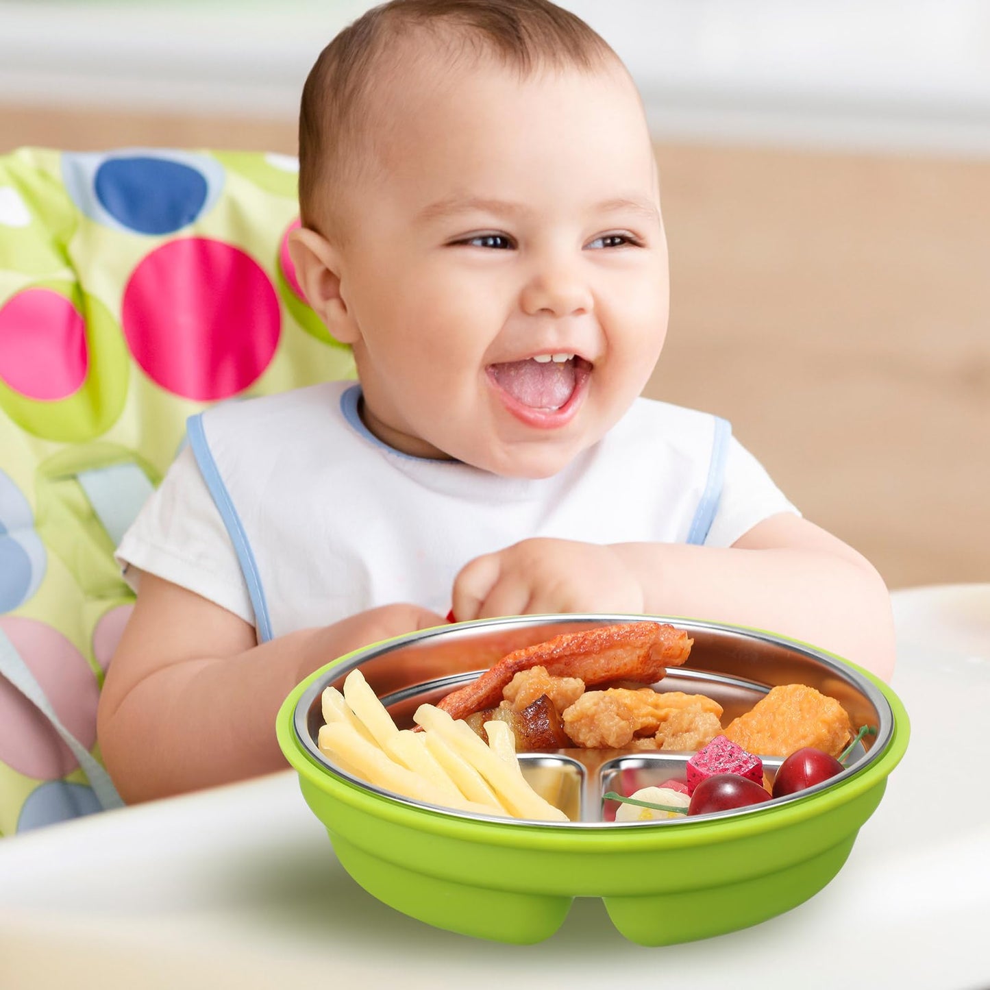 Nuogo 2 Pcs Stainless Steel Baby Suction Plates With Removable Silicone Shell 2-In-1 Metal Toddler Bowl Divided For Picky Eaters