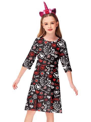 Girls Valentine Dresses Fancy Festival Graphic Printed Casual Family Party Cotton A-Line Dress 5-6 Years