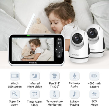 Hellobaby Video Baby Monitor With Upgraded 6 Ips Large Screen, Split Screen With 2 Cameras, Night Vision And Temprature Monit