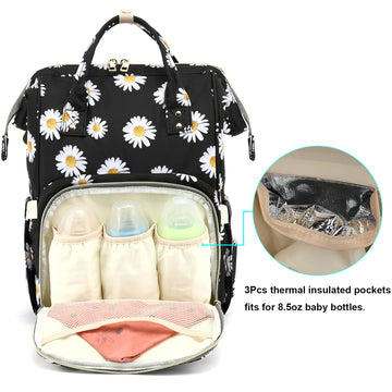 Yusudan Floral Diaper Bag Backpack For Baby Girls Boys, Flowers Mom Nappy Bags For Women (Daisy Black)