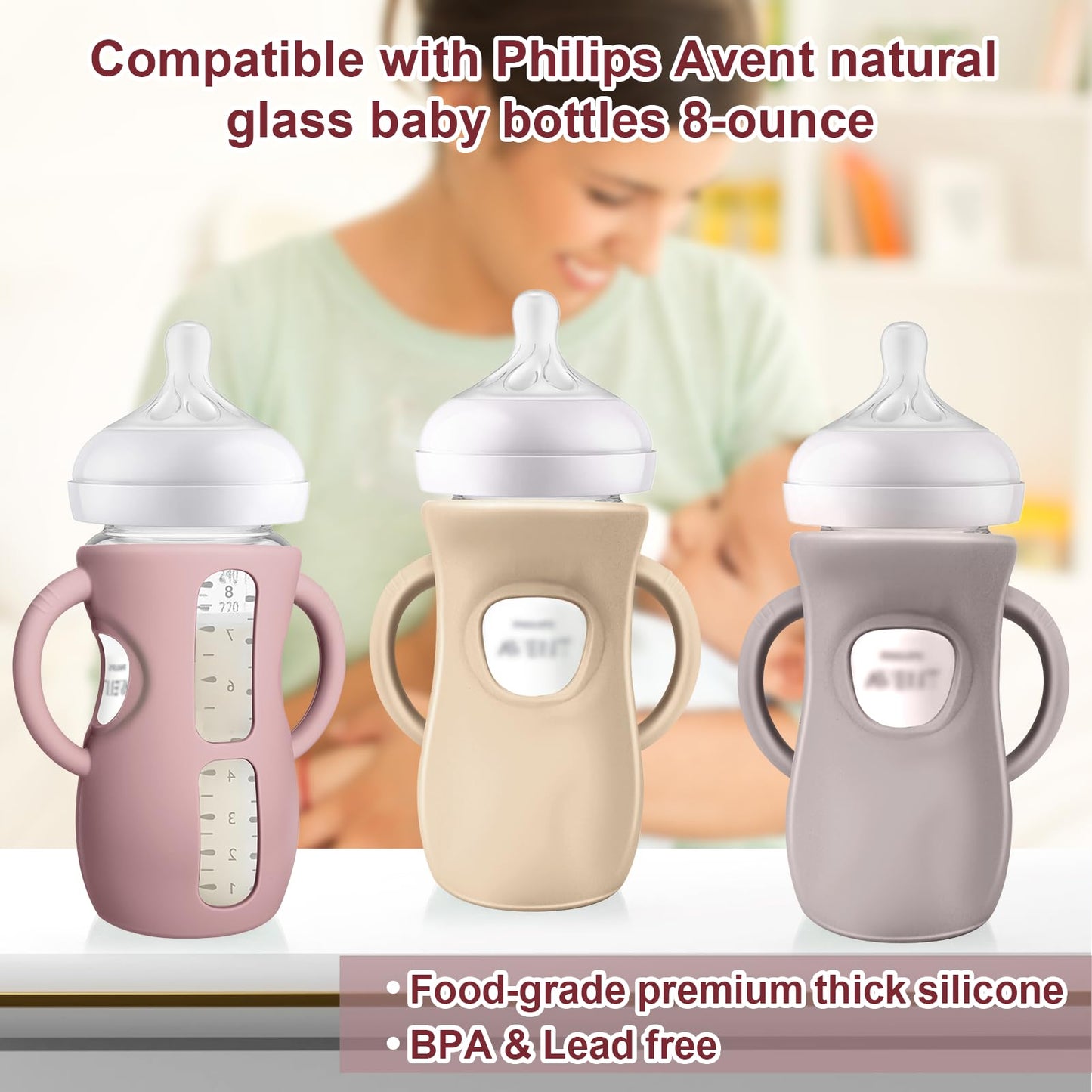 Juome Silicone Sleeves With Handles For Avent Natural Glass Baby Bottles - 3 Pack Anti Breakage Baby Bottle Holder For Philips A