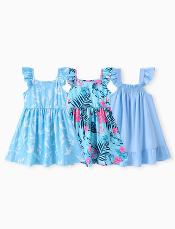 Patpat 3 Pack Toddler Girls Ruffle Sleeve A-Line Dresses Baby Girl Casual Clothes Multi-Pack Sundress, Blue Floral, 9-10Years