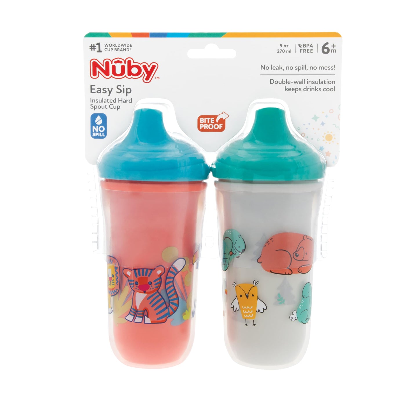 Nuby No-Spill Insulated Hard Spout 9 Oz Cup, Colors/Prints May Vary,2 Count (Pack Of 1)
