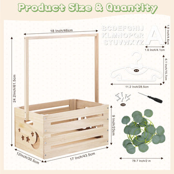 Wooden Baby Shower Crate Closet, Baby Shower Basket With Handle & Rack Hangers & Garland & Letter Cards Wooden Crate For Baby Sh