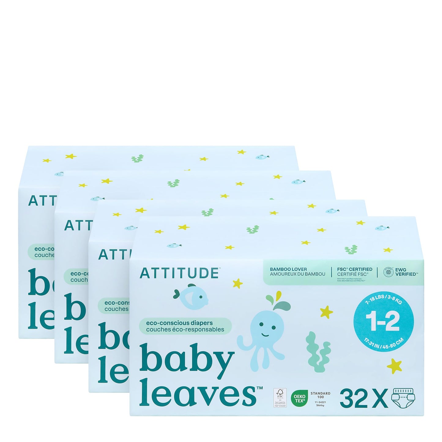 ATTITUDE Eco-Conscious Disposable Diapers, EWG Verified, Size 1/2 (7-17 lbs), Ultra Absorbent for Baby, Vegan & Plant-Based, 32