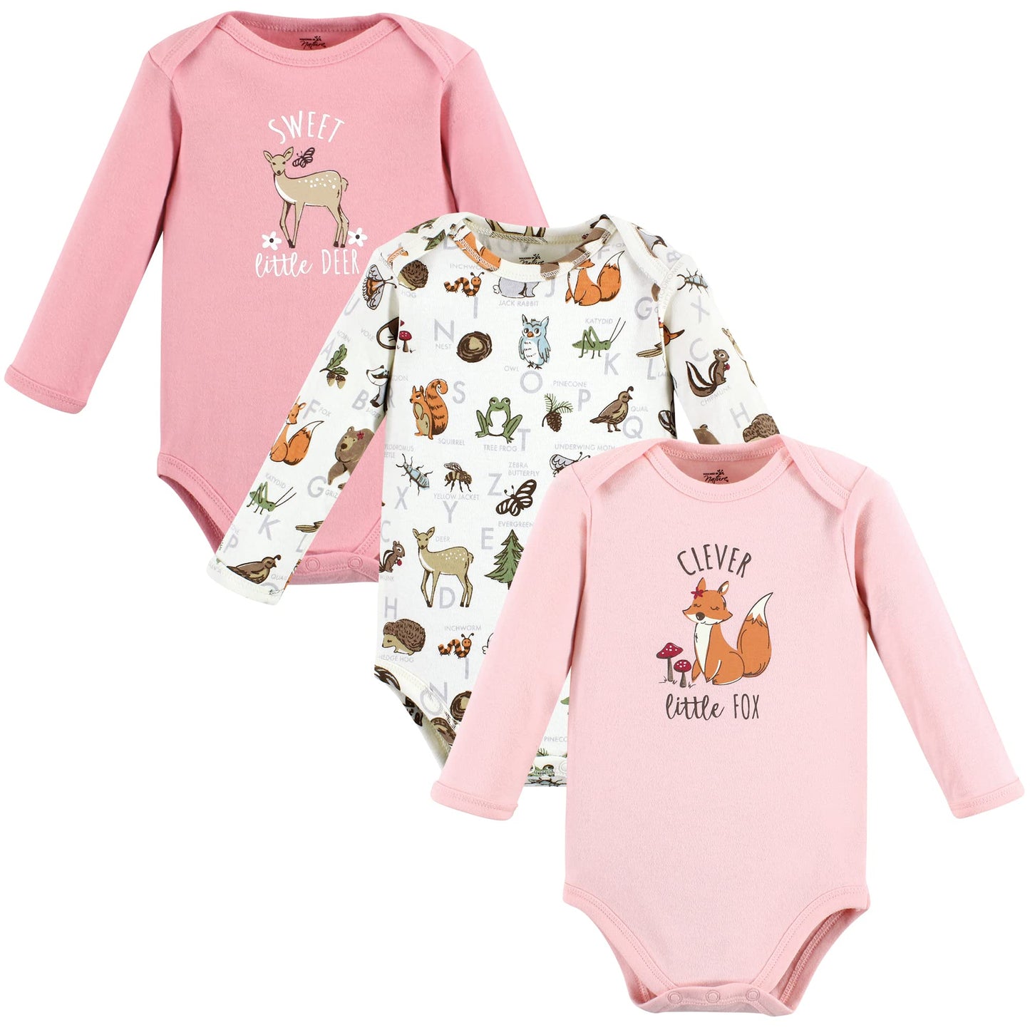 Touched By Nature Unisex Baby Organic Cotton Long-Sleeve Bodysuits, Girl Woodland Alphabet, 9-12 Months