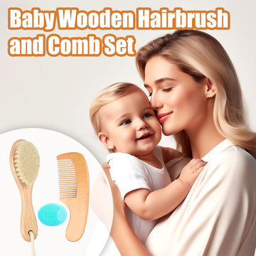 Wooden Baby Hair Brush And Comb Set, 3Pcs Natural Soft Goat Bristles Brush Cradle Cap Comb Baby Shower Scrubber Perfect Scalp Gr