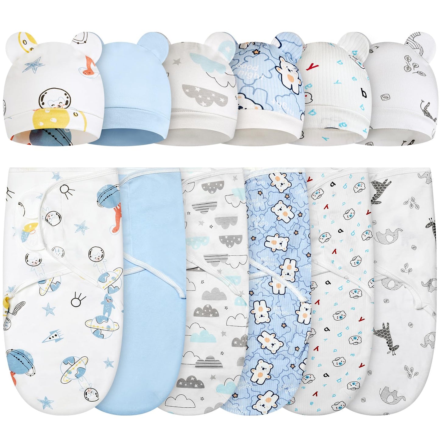 Ramede 6 Pack Swaddle Blanket with Hats Swaddle Outfit for 0-3 Months Newborn Sacks Soft Cotton Wearable for Girl and Boy(Bear,B
