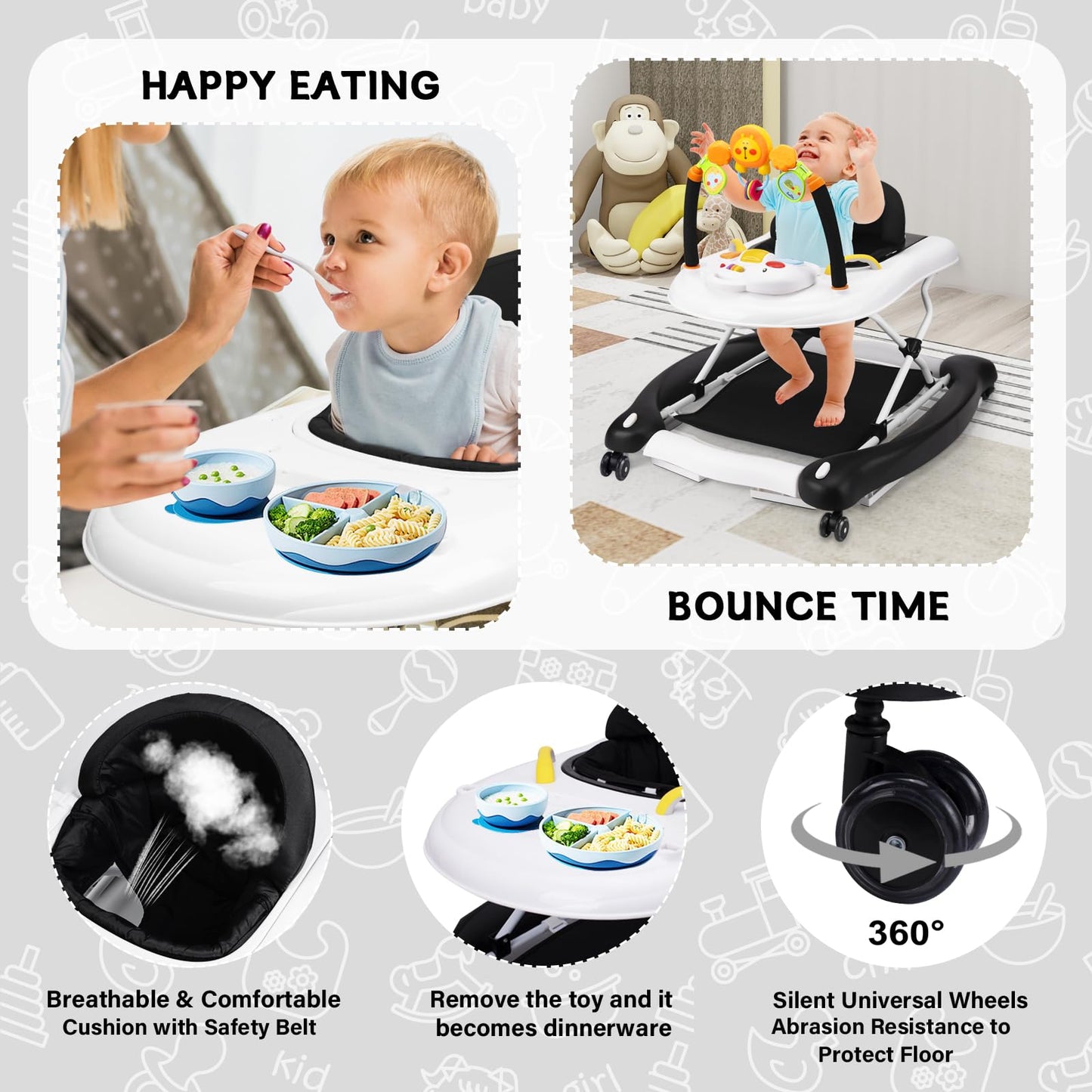 Refoerebabe Baby Walker With Wheels, 5 In 1 Baby Walkers For Boys Girls 6-12 Months, Foldable Walker Baby With Bouncer & Feeding