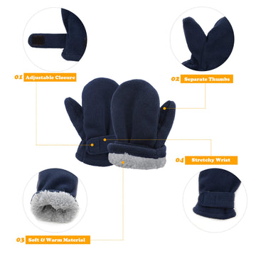 2 Pairs Toddler Mittens Unisex Lined Fleece Gloves Winter Warm Kids Mitten For Baby Boys And Girls Navy&Blue