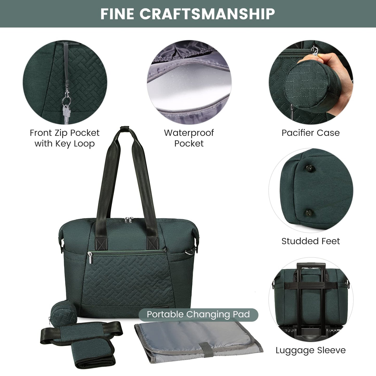 Lovevook Diaper Bag Tote, Large Baby Tote Bag, Travel Diaper Tote For Mom And Dad With Changing Pad And First Aid Bag,Green