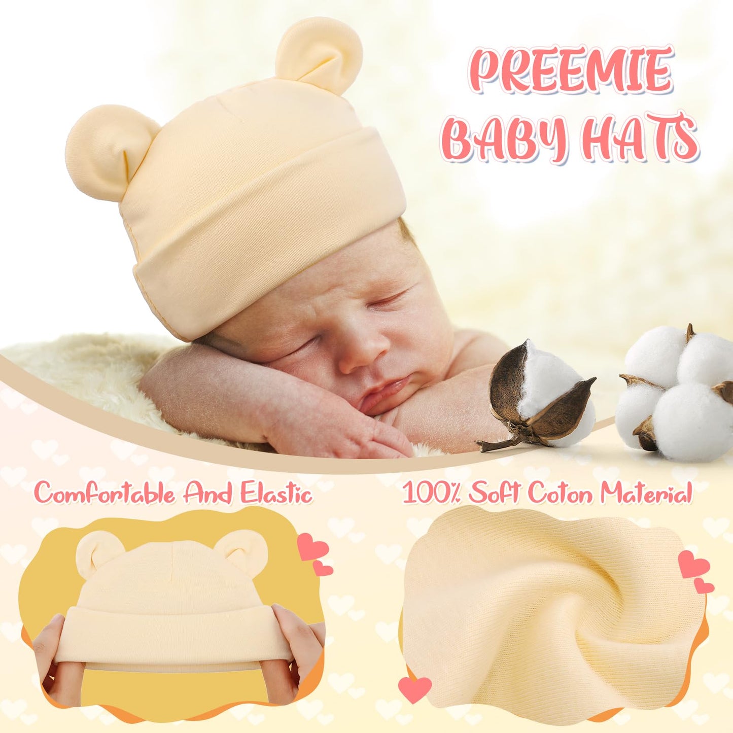 Toulite 6 Pcs Preemie Hats Cotton Preemie Caps Cute Beanie Bear Ears Hospital Cap For Premature Baby Boys Girls(Light Colors,Sol