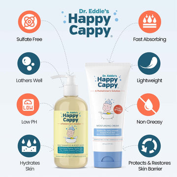 Happy Cappy Baby Shampoo And Body Wash And Moisturizing Cream Bundle - Eczema Body Wash And Lotion For Kids, Toddler, Adults, He