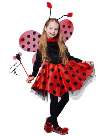 Ikali Girls Ladybug Costume, Halloween Deluxe Animal Fairy Fancy Dress Outfit With Wings (10Pcs Set) 7-8 Years