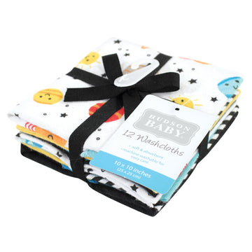 Hudson Baby Unisex Baby Flannel Cotton Washcloths, Happy Planets 12 Pack, One Size