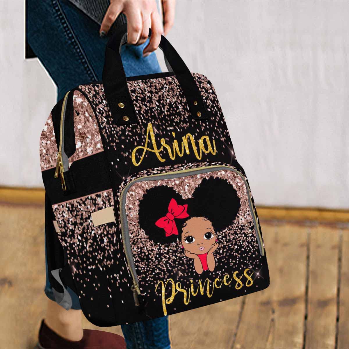 Artsadd Personalized Baby Bag Large Capacity Diaper Bags, Pink Glitter Dot Daypack Custom Name Backpack Casual Daypack Bag Nappy
