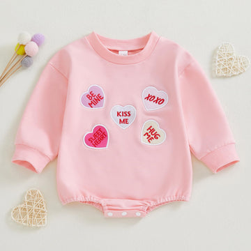 Kayotuas Baby Girl Valentines Outfit Pink Heart Embroidered Sweatshirt Romper Long Sleeve Bodysuit Jumpsuit Cute Fall Clothes (P