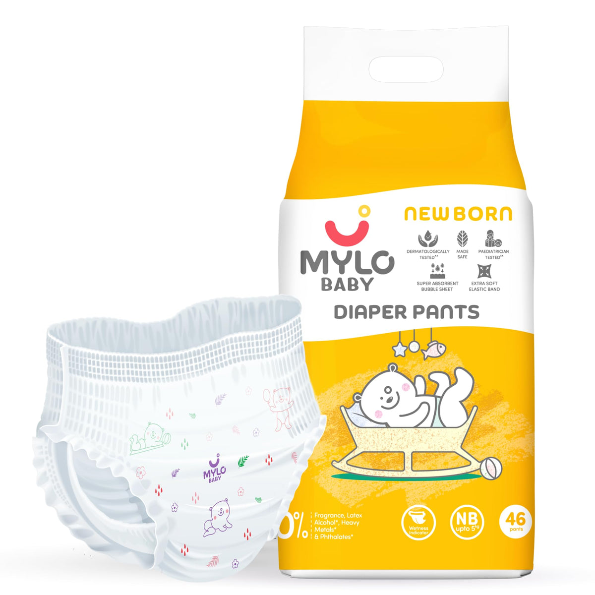 Mylo Baby Diaper Pants Newborn (Nb) Size Upto 5 Kg Babies (46 Count) Leak Proof | Lightweight | Rash Free | Upto 12 Hours Protec