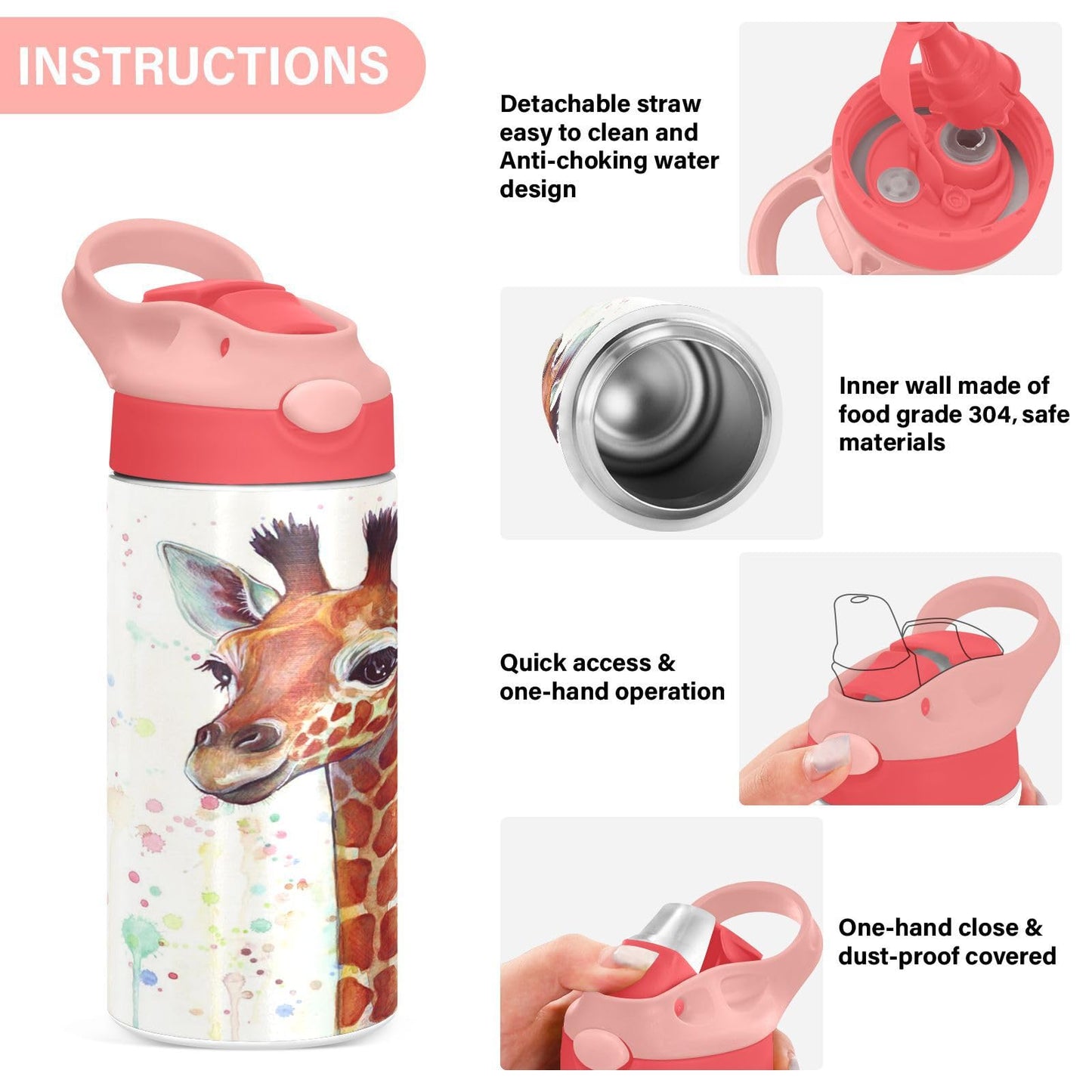 Giraffe Kids Water Bottle With Straw And Carry Handle Cute Animals Vacuum Insulated Stainless Steel Bottles Leak-Proof For Boys