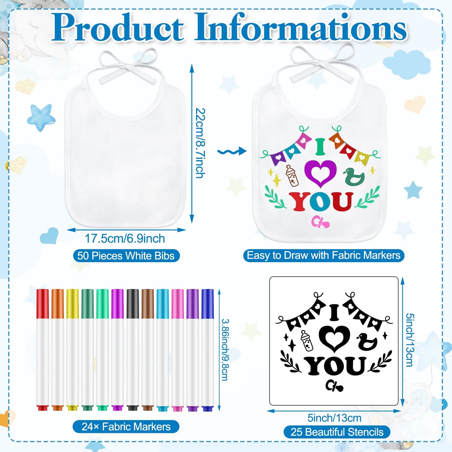 Panitay 100 Pcs Diy Baby Bibs Decorating Kit 50 White Bibs 25 Stencils 24 Fabric Markers 1 Baby Shower Game Sign(Blue Elephant)