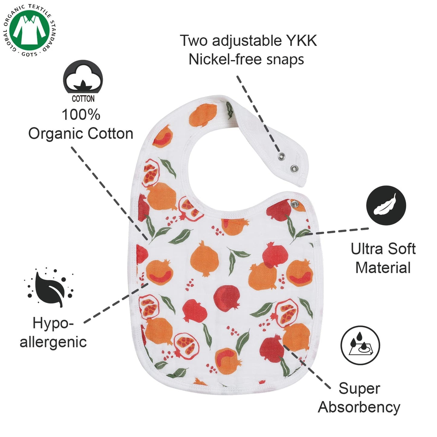 Snap Muslin Bibs For Girls, 3-Pack Baby Bibs For Infants, Newborns And Toddlers, 100% Cotton Muslin Absorbent & Soft Layers, Adj