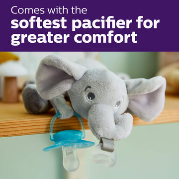 Philips Avent Ultra Soft Snuggle Pacifier Holder With Detachable Pacifier, 0-6M, Elephant, Scf348/03