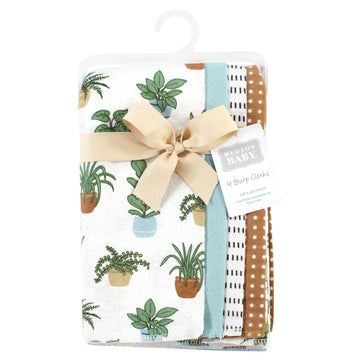 Hudson Baby Unisex Baby Cotton Flannel Burp Cloths, Plants 4 Pack, One Size