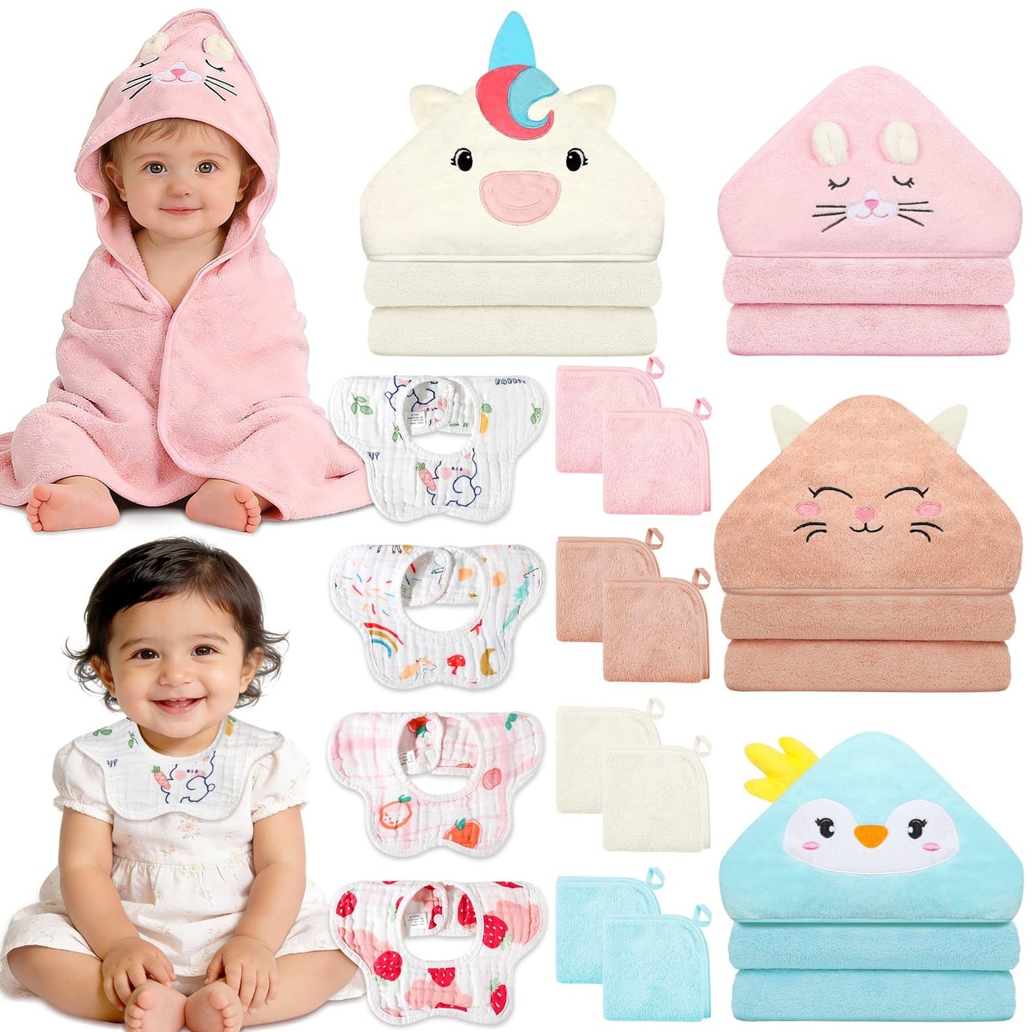 Flasoo 16 Pcs Baby Towels Set, Baby Towels and Washcloths Set,4 Pcs Animal Hooded Baby Towels, 4 Pcs Baby Bibs & 8 Pcs Washcloth