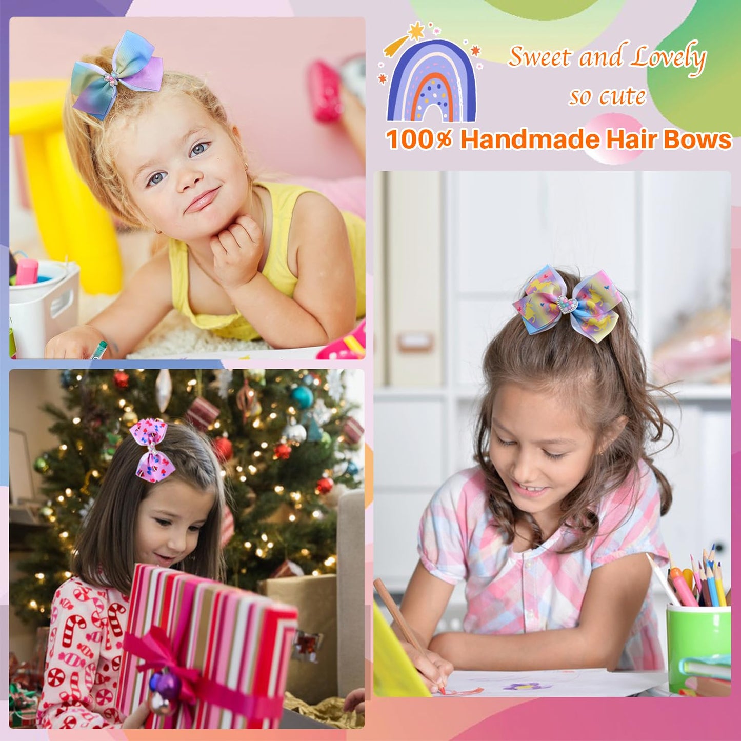 Dwenarry 5 Inch Hair Bows For Girls Colorful Rainbow Little Girls Hair Bow With Alligator Clips For Toddlers Girls Children Kids