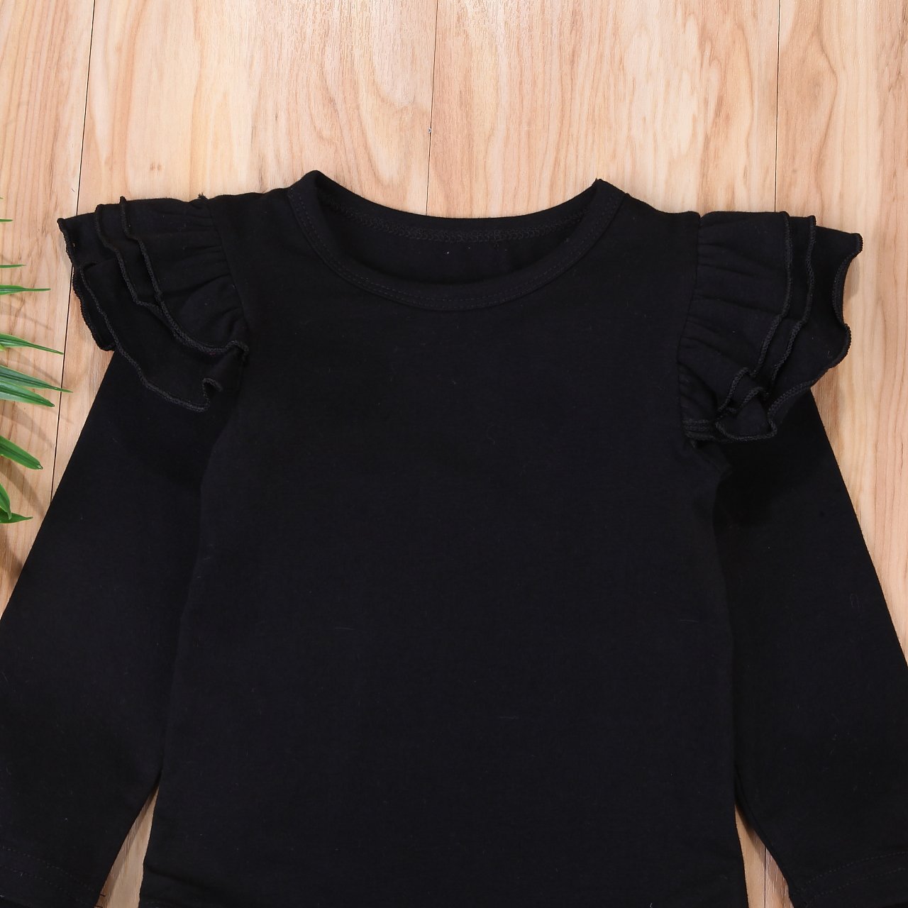 Infant Baby Girl Basic Ruffle Long Sleeve Cotton Romper Bodysuit Tops Clothes (Black, 0-3 Months)