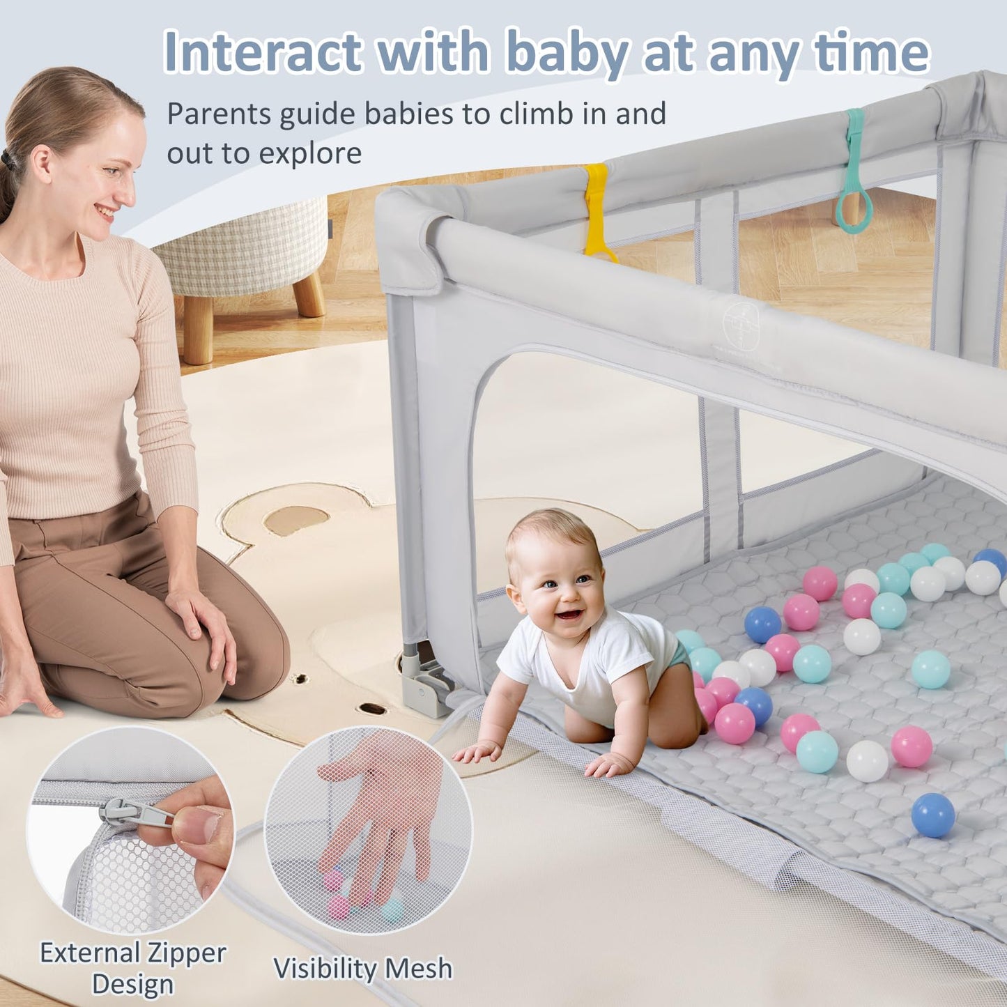 Infans Foldable Baby Playpen With Mat, 59 X 59 Large Baby Play Yard For Infant With 50 Ocean Balls, 4 Handlers, Carry Bag,