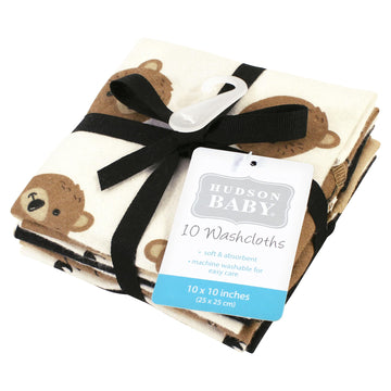 Hudson Baby Unisex Baby Flannel Cotton Washcloths, Brown Bear 10 Pack, One Size