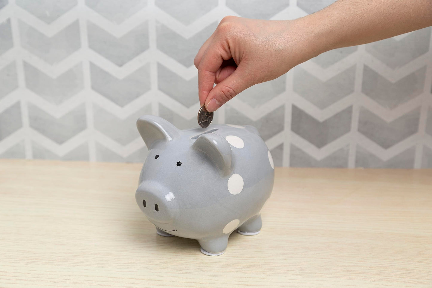 Kate & Milo Mini Ceramic Piggy Bank, Gender Neutral Nursery D  Cor, Baby Girl And Baby Girl Keepsake Gift, Gray With White Polka
