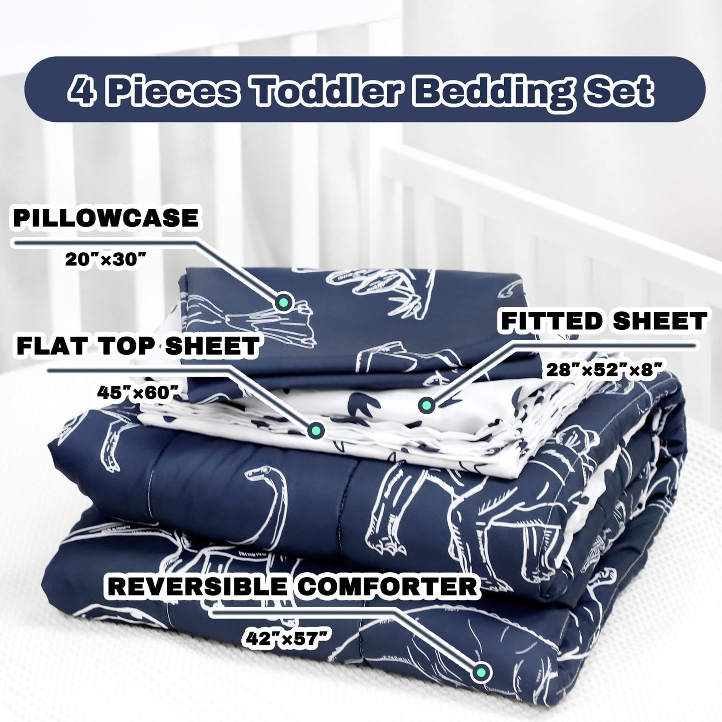 Jundetye 4 Pieces Dinosaur Toddler Bedding Set For Boys, Soft Breathable Toddler Comforter Set, Dino Print Navy, Includes Revers