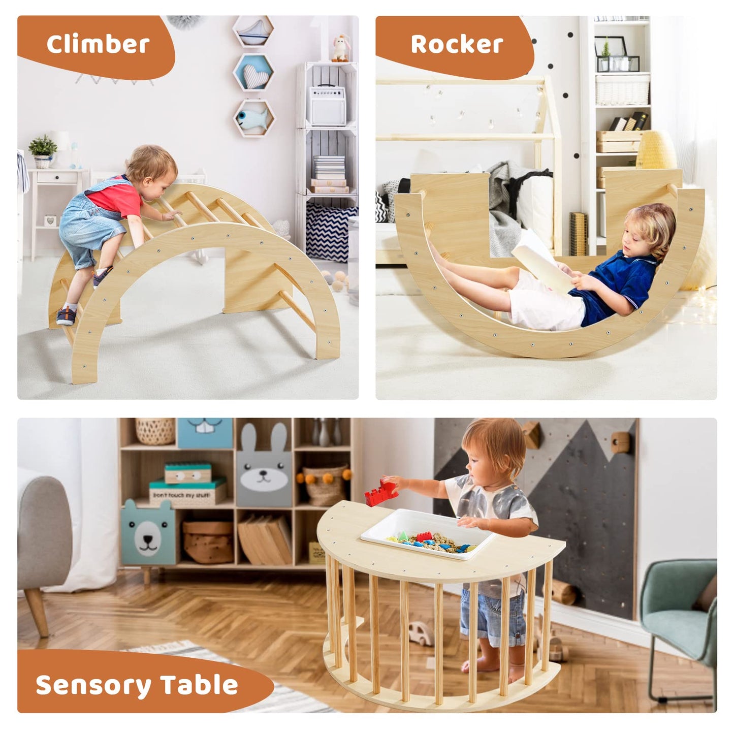 Beright 3 In1 Climbing Arch Sensory Table For Kids, Montessori Climbing Gym, Rocker Board Wooden Toy With Collapsible Storage Bi
