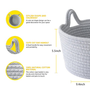 Cafshion Small Toy Basket With Cat Ears, Cute Basket Toy Organizer With Handles Woven Cotton Rope Basket Decorative Basket Nurse