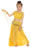 Girls Belly Dance Top Skirt Set Halloween Costume With Head Veil,Waist Chain(Yellow,S)