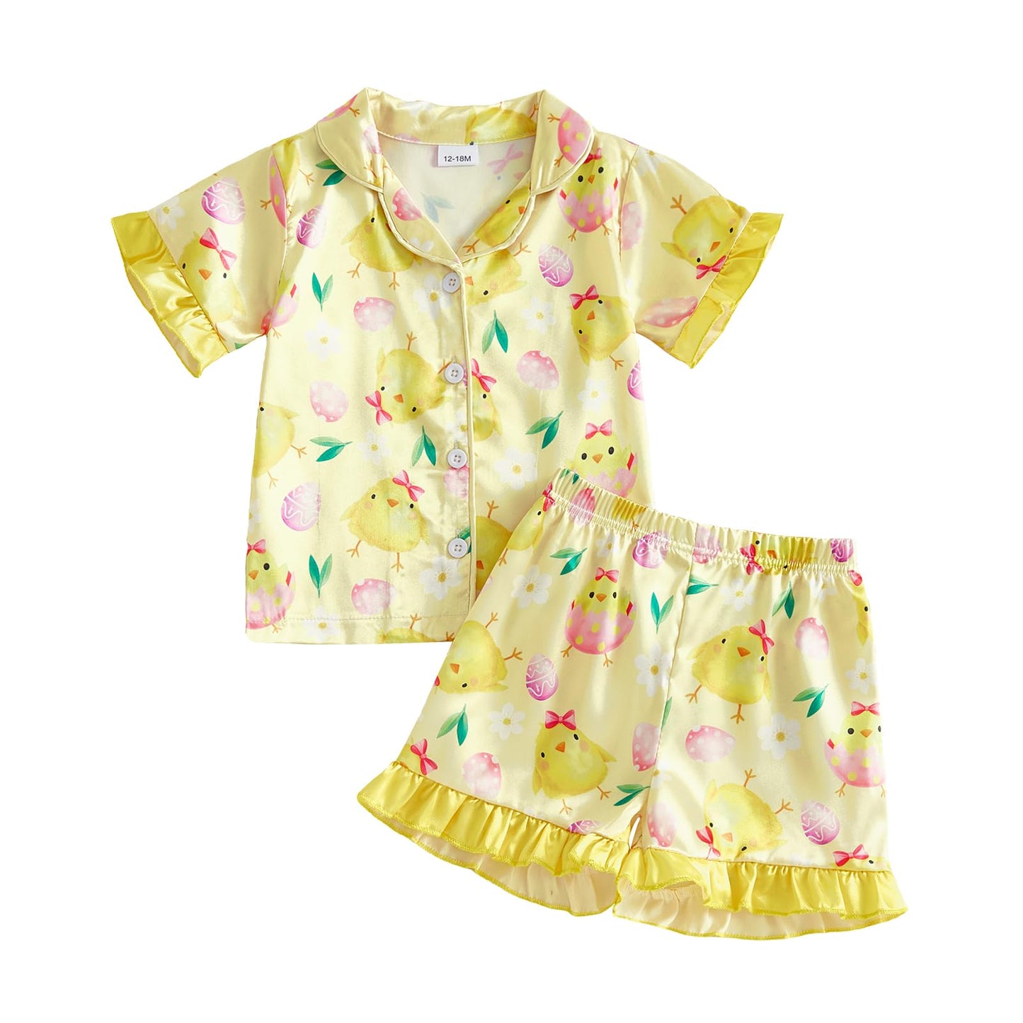 Kuriozud Kids Toddler Girl Easter Pajamas Short Sleeve Button Down Shirt Top and Shorts 2pcs Pjs Sets Sleepwear, Egg Chick Yello