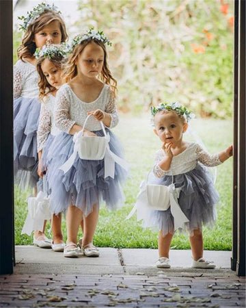 2Bunnies Girl Peony Lace Back A-Line Tiered Tutu Tulle Flower Girl Dress (Gray Sleeve Short, 12M)
