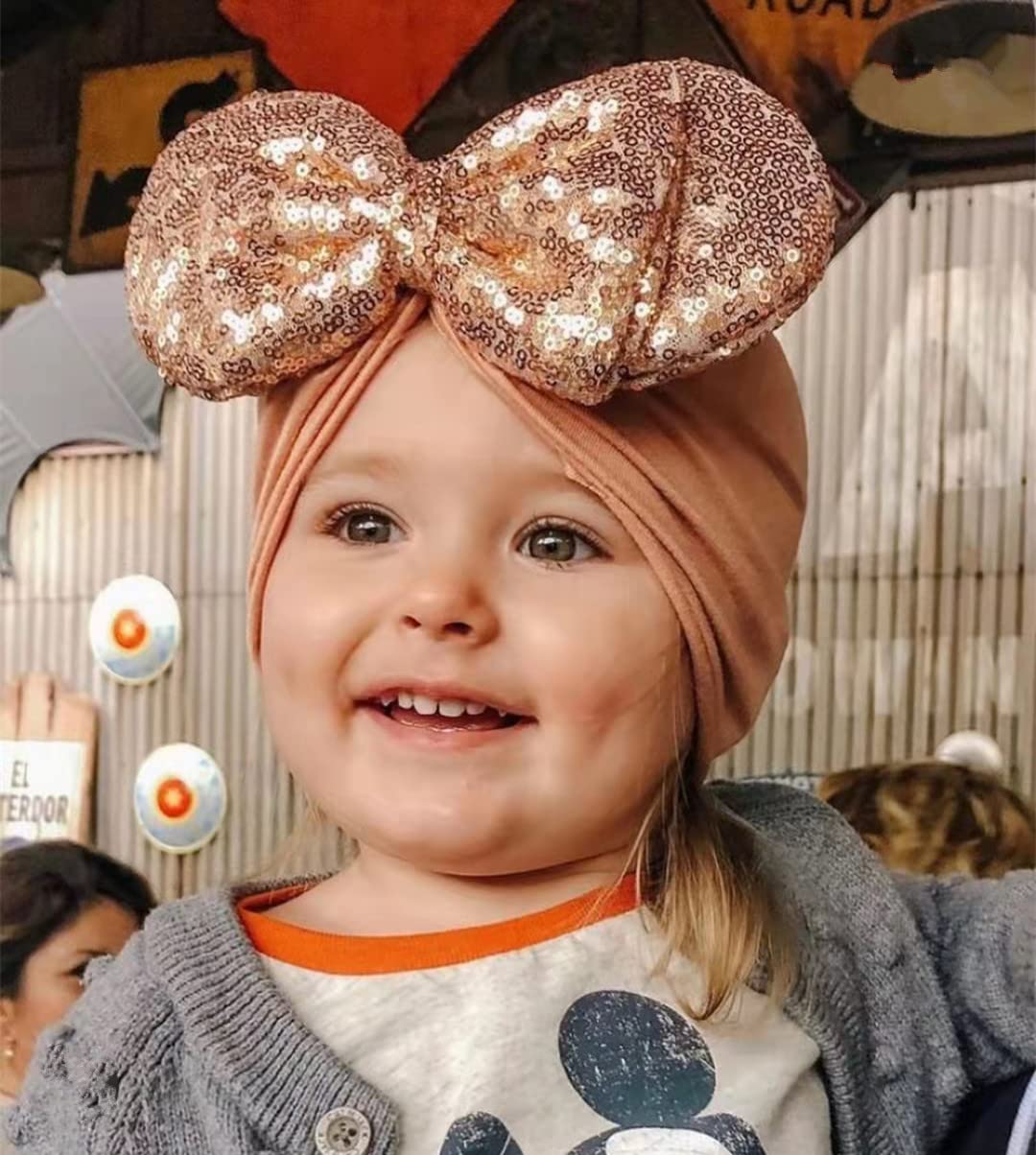 Jiahang Baby Girl Mouse Ears Turban Headwrap With Gold Sequin Bows, Wide Velvet Hairband For Newborn, Toddler, And Kids - Party