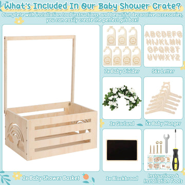 Jupwalz Wooden Baby Shower Crate Closet With Hangers, Letters, Dividers - Easy Assembly Basket For Newborn Boys Girls - Pregnanc