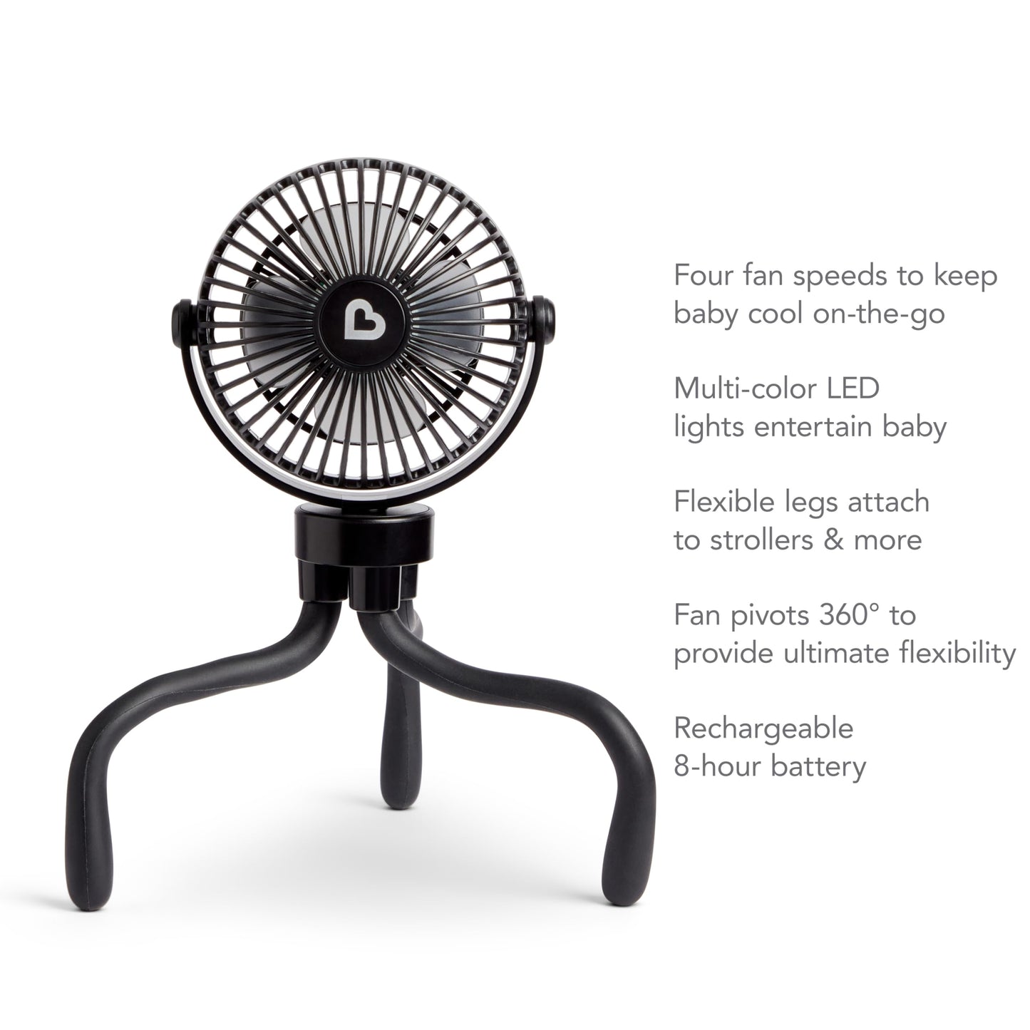 Munchkin Stroller Fan - Portable Fan For Travel, Baby Gear Accessory With 4 Speeds, Flexible Clip-On Leg Attachment, Rechargeabl