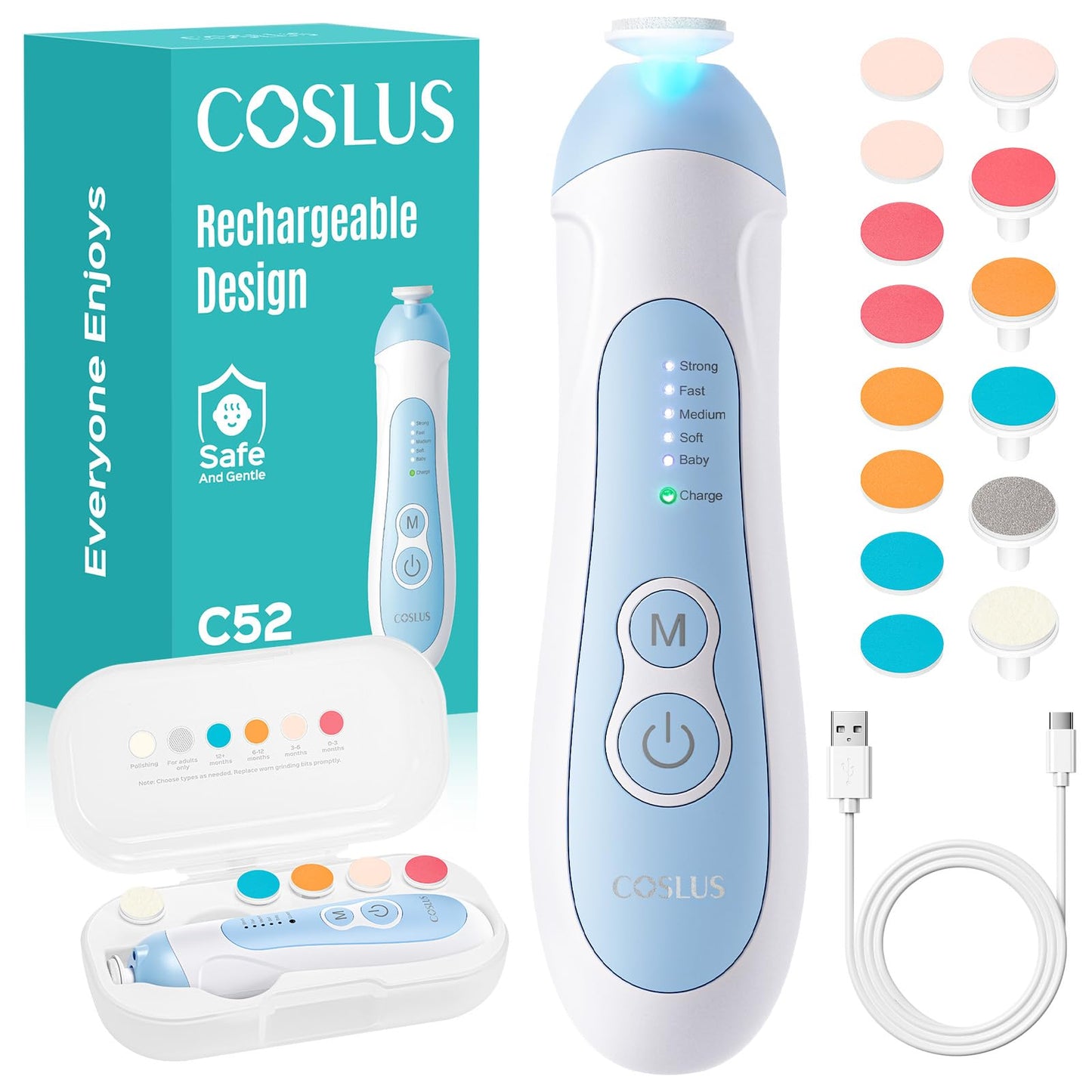COSLUS Rechargeable Baby Nail File: Cordless Baby Nail Trimmer Electric, Baby Nail Clipper with 5 Speeds & 6 Grinding Heads for