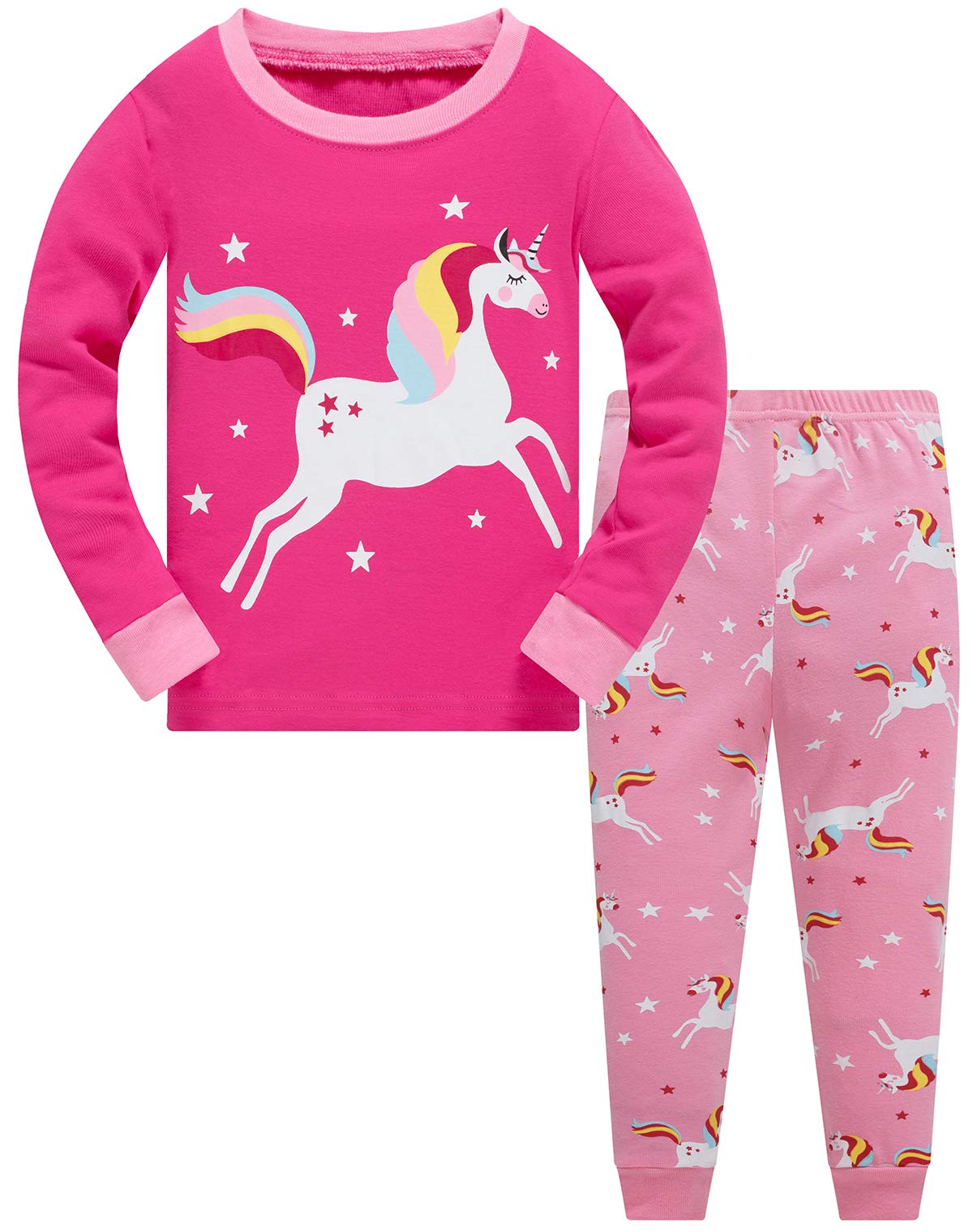 Unicorn Big Girls Long Sleeve Pajamas Sets 100% Cotton Pyjamas Kids Pjs Size 2T(Rainbow Unicorn-6213-6T)