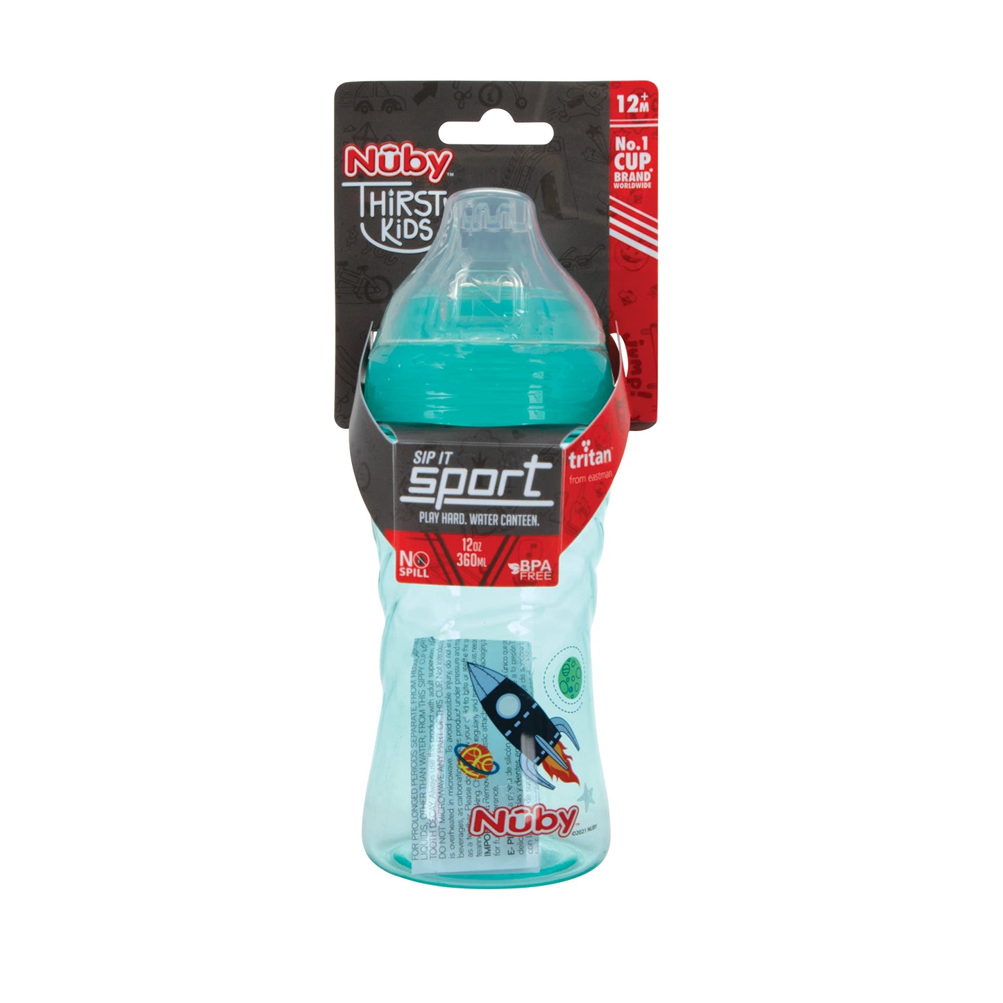 Nuby Thirsty Kids No Spill Sip-It Sport Tritan Travel Cup With Soft Silicone Spout And Hygiene Cover, 12 Oz, Rocket Ship